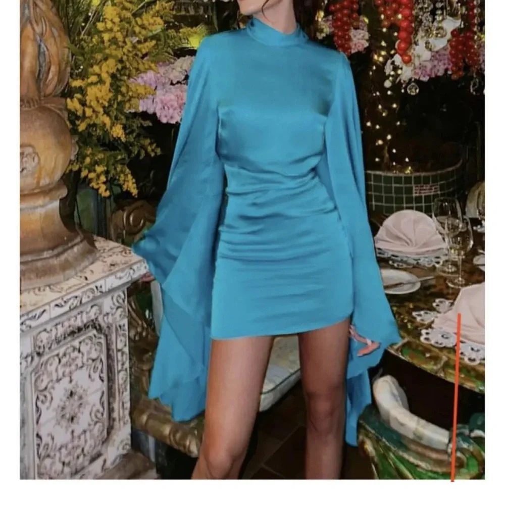 Rat & Boa Turquoise Mini Dress with Dramatic Draped Sleeves - Picture 3 of 3